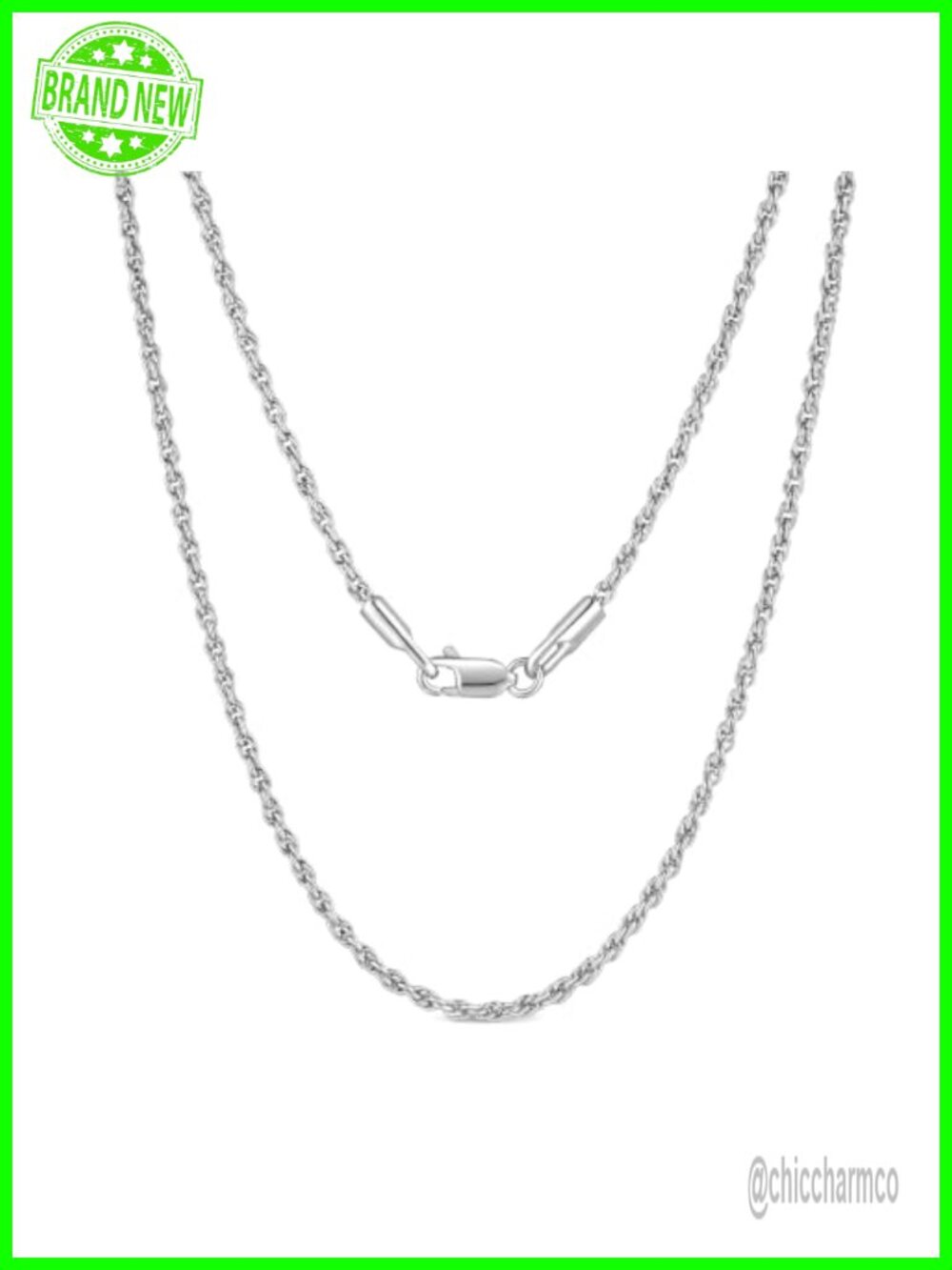 14K White Gold Plated Rope Chain Necklace Lobster Clasp
